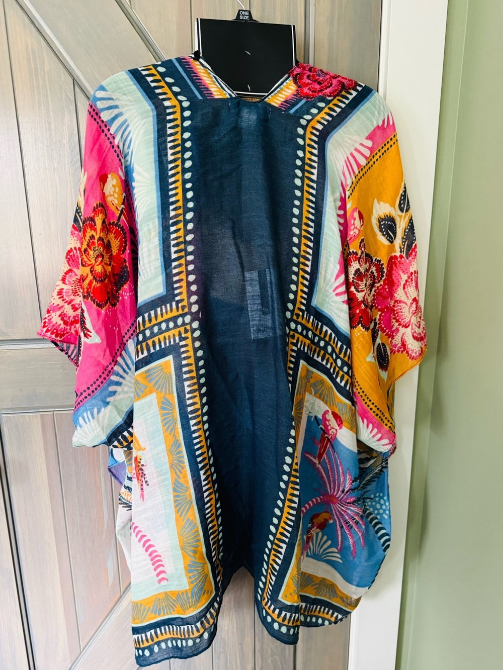 NWT Nine West Multicolor Printed Open-Front Matching Ruana and Panama Hat - Picture 10 of 11